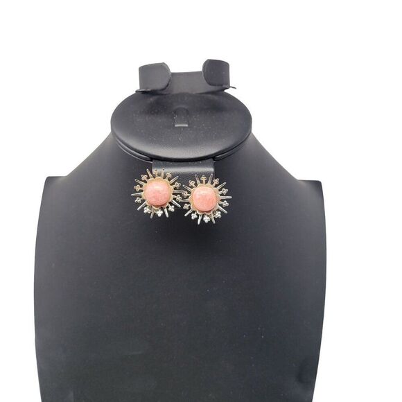 Vintage 60s Pink Quartz Sunburst Satellite Clip-On Earrings Silver Tone Glam - Picture 4 of 8